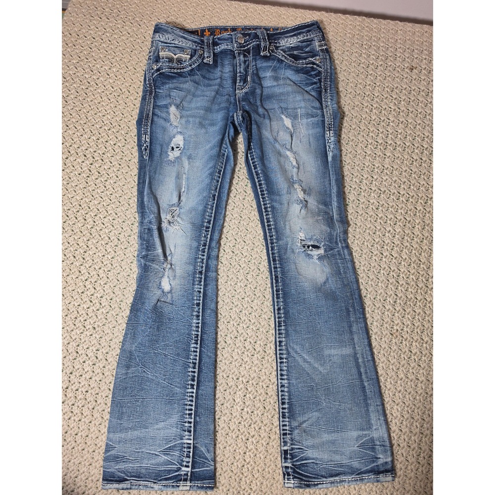 Rock Revival Coat Bootcut Jeans Womens 28 Blue Good Distressed Fleur De Lis Y2K